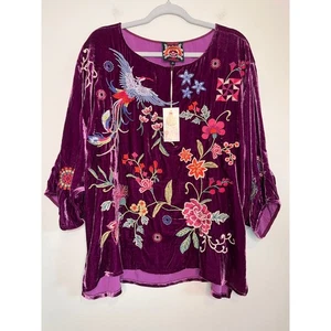 Camicia nuova con etichette Johnny Was velluto ricamato floreale gru hippie Nikkola collo barca XL - Foto 1 di 9