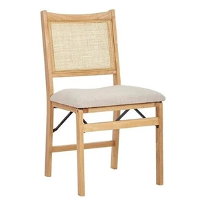 Linon Lorna Folding Side Chair Woven Cane Back Beige Padded Seat in Natural Wood - Picture 1 of 16
