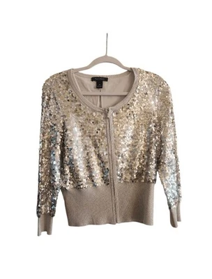 Suéter Beige/Dorado Casa Mercado Negro Lentejuelas Brillo Cremallera Frontal Talla: XL  Foto 1 de 4