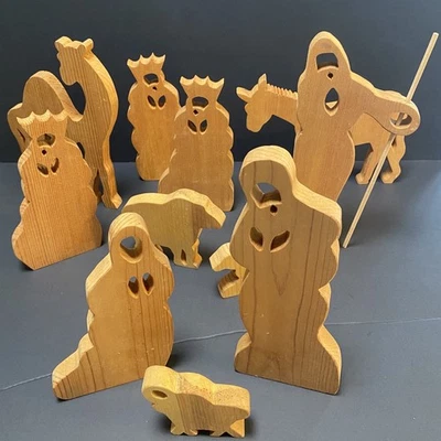 Belén primitivo moderno de madera artesanal de 10 piezas Navidad abstracto sin rostro Foto 1 de 4