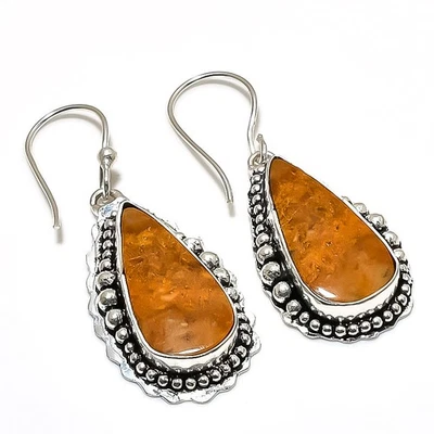 Pendiente de joyería de plata de ley 925 hecho a mano con piedras preciosas de coral fósil 1,97" L054 Foto 1 de 2