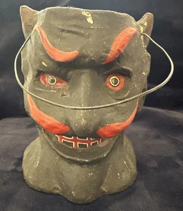 Vintage Paper Mache Black Devil Halloween Candy Container 7” x 5” - Picture 1 of 6