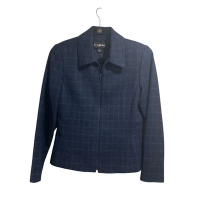 Company Ellen Tracy Womens Blue Plaid Wool Tailored Blazer Zip Up Jacket Preppy - Image 1 of 4