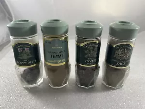 Vintage 4 Schilling Spices Green Lid Glass Jar Bottle Sage Poppy Seed Thyme - Picture 1 of 6