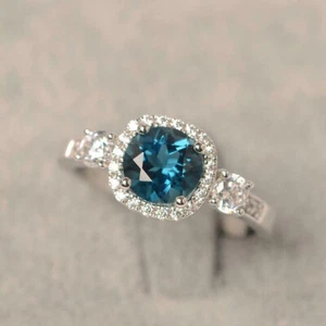 3Ct Round Cut Lab Created London Blue Topaz Engagement Ring 14k White Gold Over - Picture 1 of 7