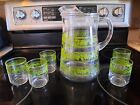 Pyrex Libbey Spring Blossom Clear & Green Pitcher w/ 5 Juice Glasses EUC
