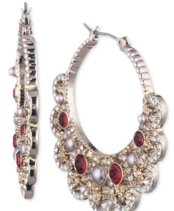 $48 Marchesa gold tone pave red stone filigree hoop earrings 1-1/2' m1 - Picture 1 of 7