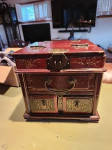 Antique Chinese Traveling Dressing Box w/Folding Mirror & Drawers 9.5x8.5x9.25 - Picture 1 of 24