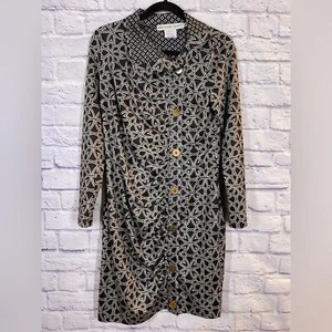 Gretchen Scott Black and Beige Geometric Button Front Ruched Dress Size M - Picture 1 of 8