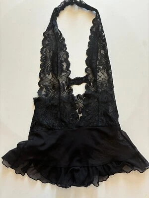 Camisón Fredericks of Hollywood Negro Sedoso Encaje Transparente Acanalado Nylon M Foto 1 de 4