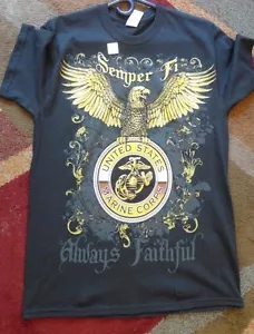 T-shirt USMC US Marines SEMPER FI ALWAYS FEDELE nera oro logo aquila taglia media - Foto 1 di 2