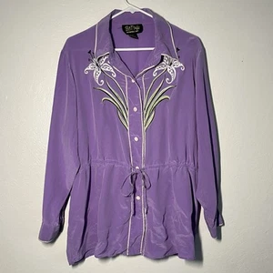 Bob Mackie 100% Silk Blouse Size 1X Purple White Lily Embroidered Wearable Art - Picture 1 of 11
