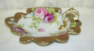 Nippon Pink Roses Dish with Handle Heavy Gold Rim Handpainted  - Picture 1 of 5