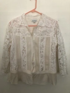Coldwater Creek Women’s White Ivory Linen Blend Lace Smocking  Tunic Top Sz S - Picture 1 of 11