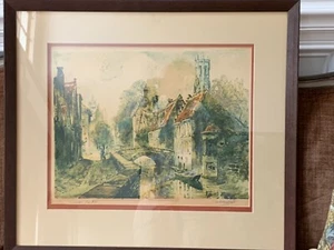 1935 Framed Al Wettel Signed  view Quai Vert Bruges Colored Lithograph Large - Picture 1 of 12
