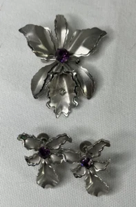 Vintage Bugbee & Niles BN Orchid Brooch & Earrings Set Silvertone Purple Stone - Picture 1 of 11