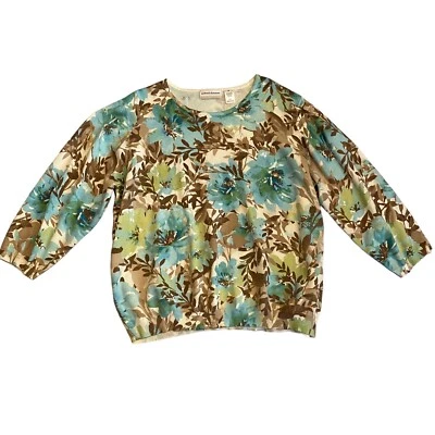 Alfred Dunner Women’s Knit Top Size 3XL Plus Turquoise & Beige Floral 3/4 Sleeve - Image 1 of 4