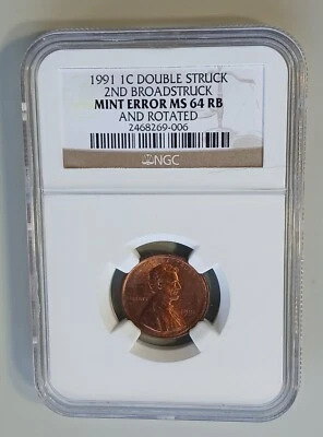 AWESOME 1991 Doublestruck Broadstruck error penny NGC MS64 RB - Image 1 of 4