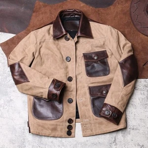 Canvas Patchwork Oil-Tanned Cowhide Leather Jacket with Vintage Workwear Style - Picture 1 of 25