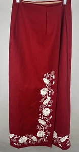 Vintage Wool Maxi Skirt 26” High Waist Red White Floral Embroidery Holiday Retro - Picture 1 of 8