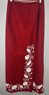 Maxi Falda Vintage Lana 26” Cintura Alta Roja Blanca Floral Bordado Vacaciones Retro Foto 1 de 4