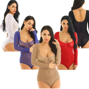 Womens Belly Dance Leotard Bodysuit Open Bust Mesh Sheer Thongs Romper Top Shirt - Picture 1 of 50