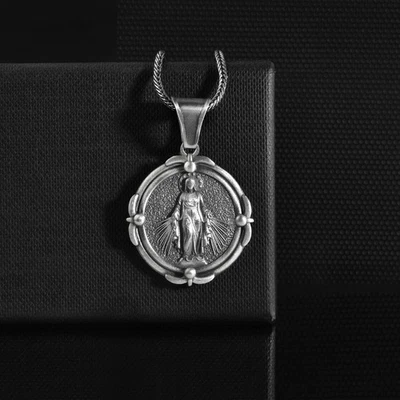 Collana icona Madre Maria in argento sterling con ciondolo miracoloso... - Immagine 1 di 4