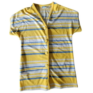 Vintage SPA Yellow Blue Striped Med Button Up Short Sleeve Terry Swim Beach Cove - Picture 1 of 13