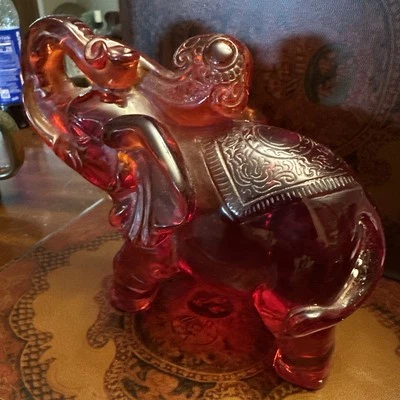 Beautiful Chinese Red/Amber Color Acrylic  Feng Shui Elephant Statue 7” - Image 1 of 4