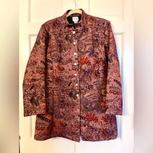 Cappotto arazzo vintage Chico's linea lunga autunno floreale bocche laterali fascia colletto grande - Foto 1 di 8