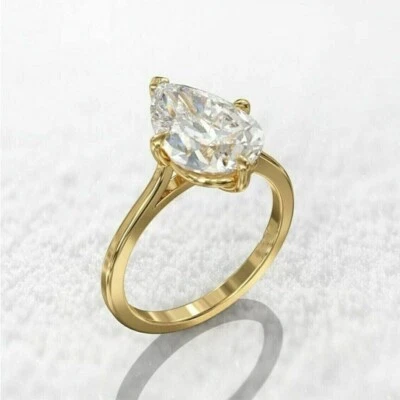 3 Ct Pear Cut VVS1/D Diamond Solitaire Engagement Ring 14K Yellow Gold Finish - Image 1 of 4