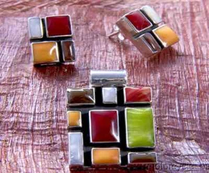 TAXCO STERLING SILVER MULTINLAY MOSAIC PENDANT EARRING SET MEXICAN 925 - Picture 1 of 7