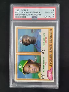 1981 Topps Stolen Base Leaders Rickey Henderson - grado PSA casi nuevo Mt 8 - Imagen 1 de 2