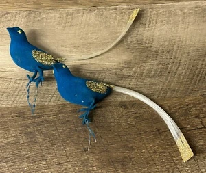 Vintage Set Of 2 Flocked Christmas Birds Long Tail Glitter Ornaments - Picture 1 of 5