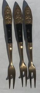 (3) Antique Vintage Siam Flatware Brass Wood Handle Budda Forks - Picture 1 of 5