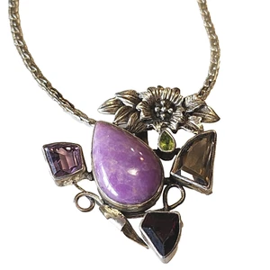 Sterling Boho Stone Charoite Amethyst Quartz Peridot Floral Artisan 925 Gift - Picture 1 of 21