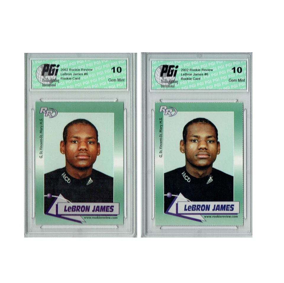 2) Lebron James 2002 Rookie Review Perf & Laser Cut Rookie Card Lot PGI 10 Foto 1 de 1