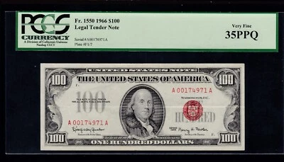 US 1966 $100 Legal Tender  FR 1550 PCGS 35 PPQ Ch AU (971) - Image 1 of 2