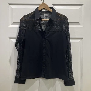 Anne Fontaine Rosina Black Mesh Button Up Top Lace Cuff Evening Size 44 US 12 - Picture 1 of 8