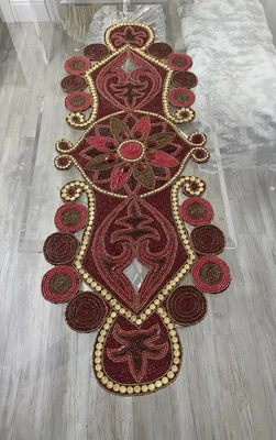 Pier 1 One Red Gold Beaded Holiday Decor Table Runner Christmas Centerpiece - Image 1 of 4