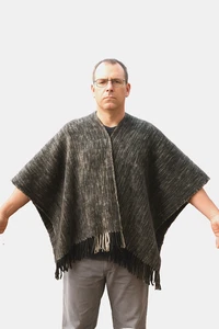 Vintage Handwoven Wool Ruana Poncho Gray Black Fringe Artisan Wrap - Picture 1 of 14