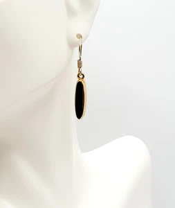 Monet Minimalist Slim Oval Black Onyx Inlay Hook Style Pierced Vintage Earrings - Picture 1 of 24