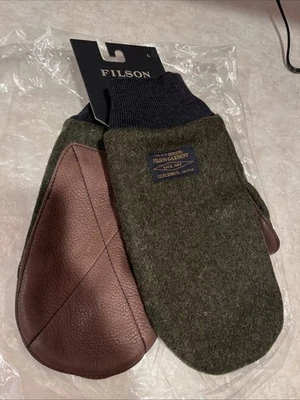 💥FILSON NUEVO EE. UU. Cuero Palma Mackinaw Lana Mitones Bosque Verde L Grande Nuevo con Etiquetas Foto 1 de 4