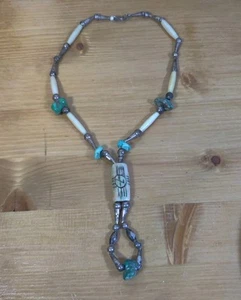 Vtg Native American Navajo Turquoise Nugget Bone Necklace Sterling Horsehair? - Picture 1 of 10