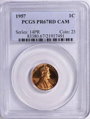 1957 Lincoln Cent PCGS PR67 Cameo RED PF67 Cameo RD - Image 1 of 2