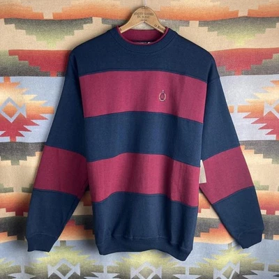 NUEVO CON ETIQUETAS DE COLECCIÓN 90s Bugle Boy Azul Marino Granate Rayas Bloque de Color Cuello Redondo Sudadera Mediana Foto 1 de 4