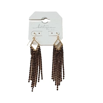 Fringe Rhinestone Dangle Earrings Black Gold Geometric Brass Plated - Image 1 of 4