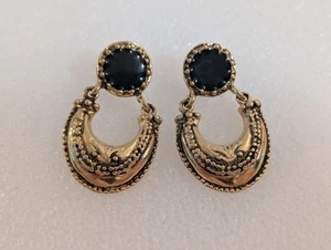 Vtg Gold Tone Black Accent Crescent Dangle Drop Earrings Edwardian Style - Picture 1 of 6