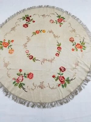 Vintage Traditional Floral Embroidered Round Fringed Tablecloth 61x57 inches - Image 1 of 4