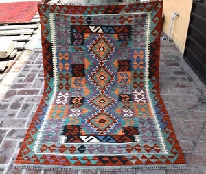 Flatweave Afghan Tribal Area Kilim Rug 4x6 ft Purple Geometric Turkish Wool Rug - Picture 1 of 10